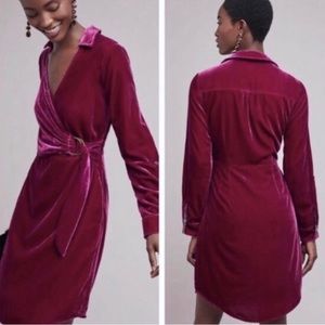 MAEVE by ANTHROPOLOGIE Velvet Faux-Wrap Shirt Dress in Berry NWOT